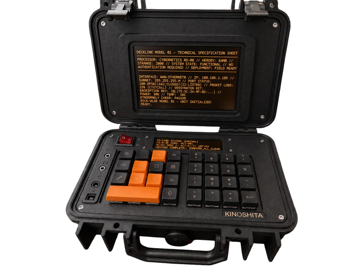 KN-86 Deckline prototype open in its Pelican case, amber main display lit